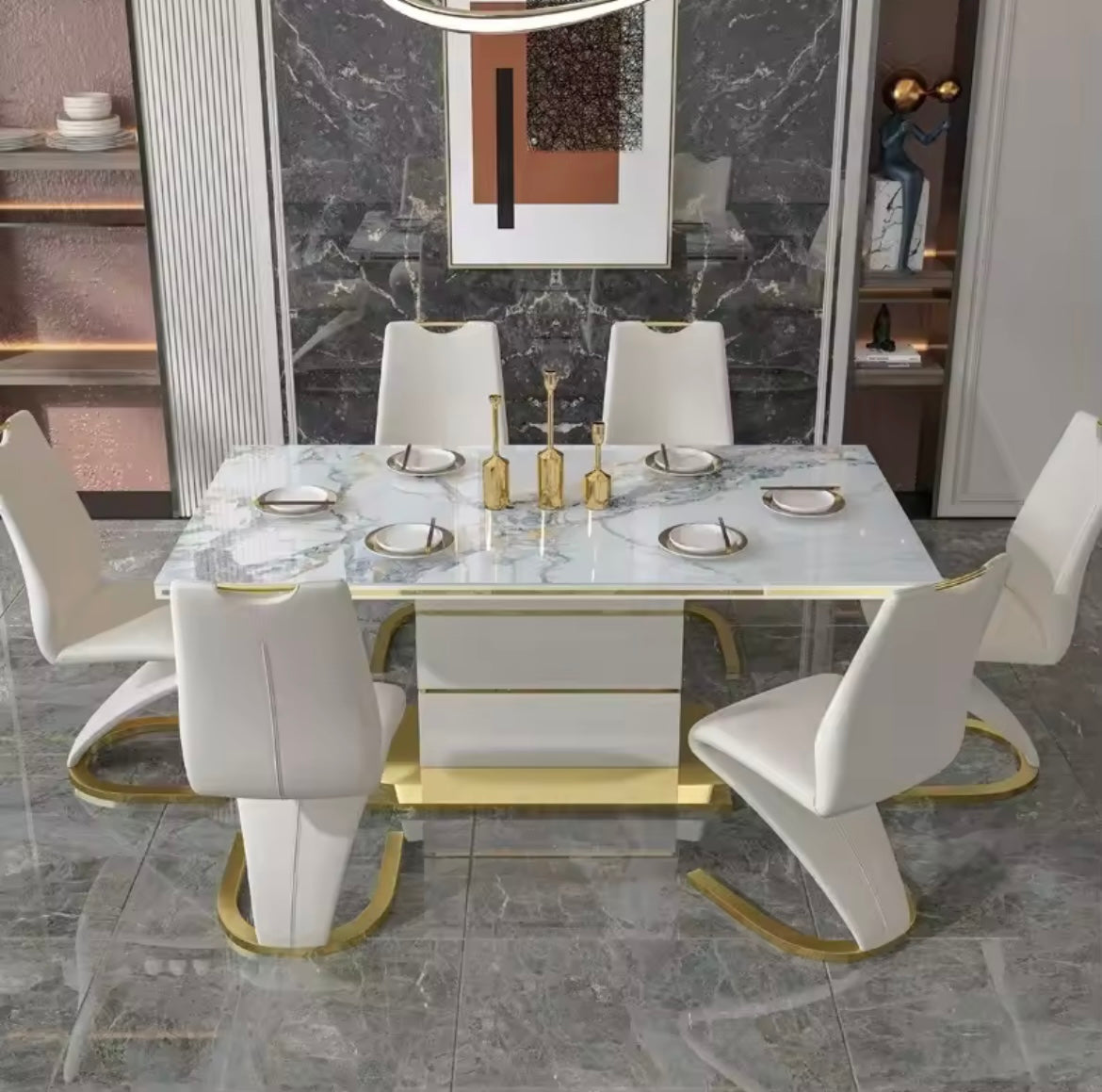 Ensemble Table à manger carrée en marbre, 6 chaises, or de luxe moderne