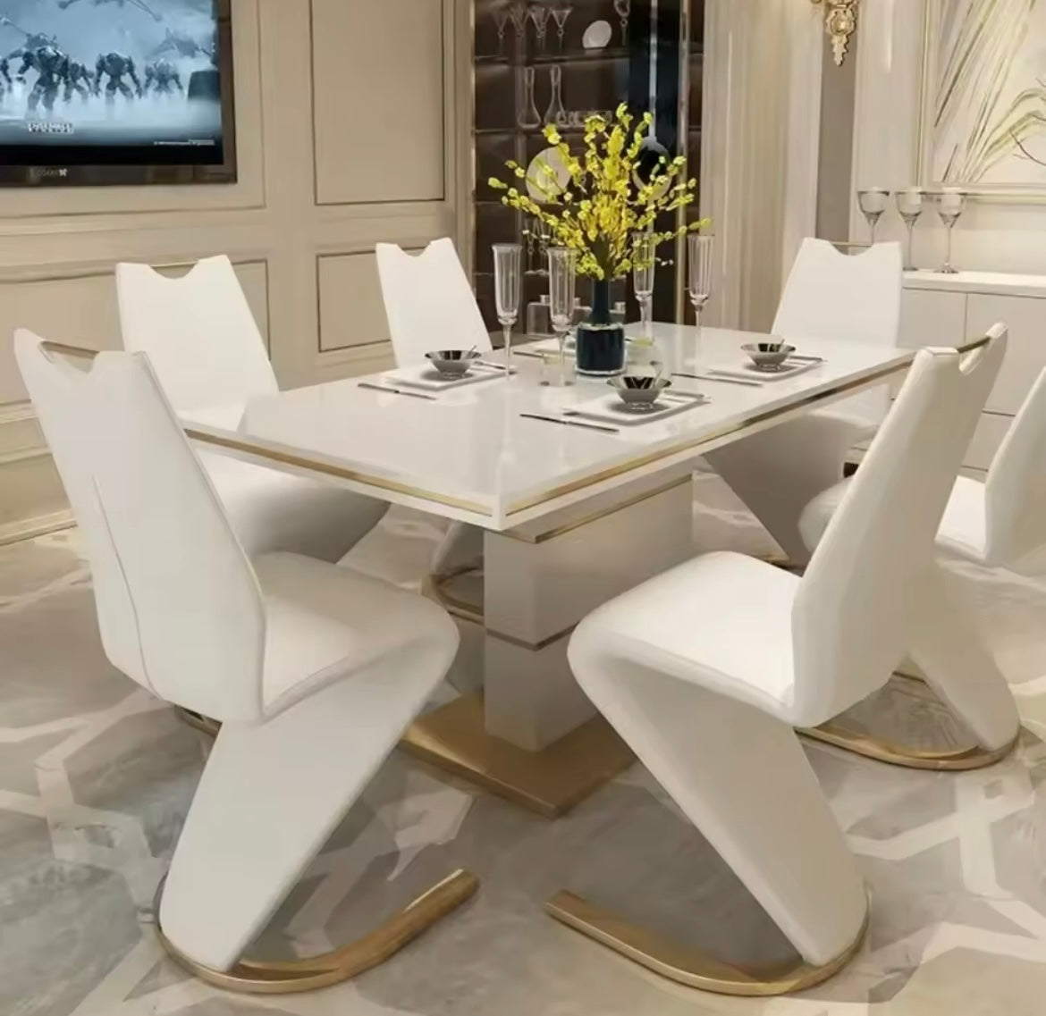 Ensemble Table à manger carrée en marbre, 6 chaises, or de luxe moderne