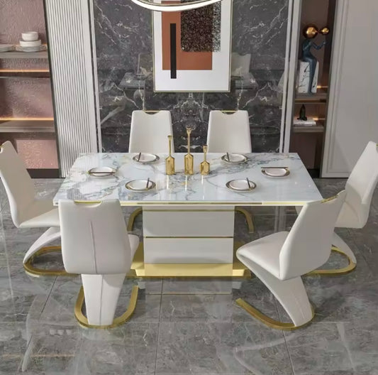 Ensemble Table à manger carrée en marbre, 6 chaises, or de luxe moderne