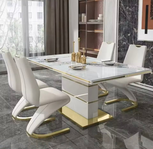 Ensemble Table à manger carrée en marbre, 6 chaises, or de luxe moderne